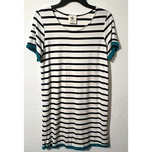 32 North Tshirt Dress Black Off White Stripe Teal Ruffle Knit USA Size Small